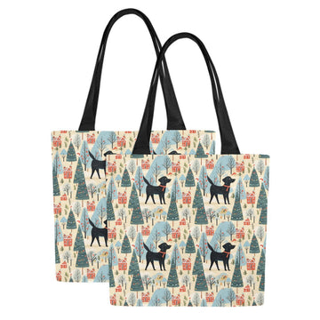 Black Labrador Winter Village Large Canvas Tote Bags - Set of 2-Accessories-Accessories, Bags, Black Labrador, Labrador-Larger Trees-Set of 2-1