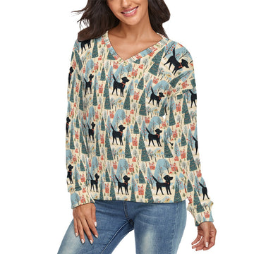 Black Labrador Winter Village Women's V-Neck Christmas Sweater-Apparel--3