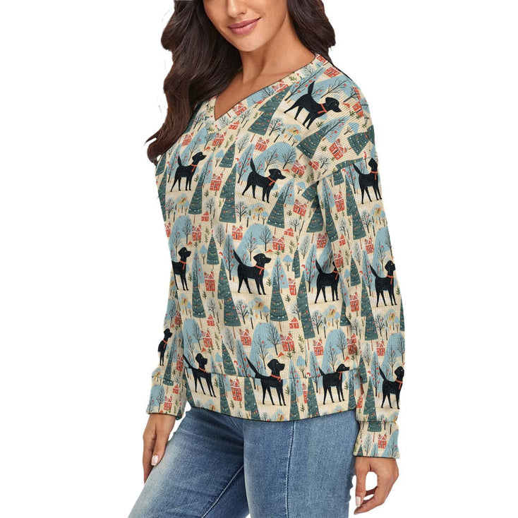 Black Labrador Winter Village Women's V-Neck Christmas Sweater-Apparel--4