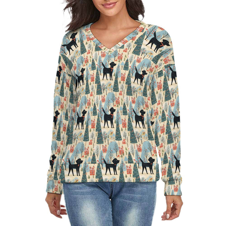 Black Labrador Winter Village Women's V-Neck Christmas Sweater-Apparel-S-White-1
