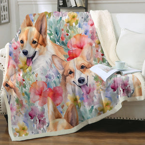 Blooming Florals and Playful Corgis Soft Warm Fleece Blanket-Blanket-Blankets, Corgi, Home Decor-2