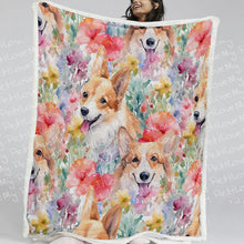 Load image into Gallery viewer, Blooming Florals and Playful Corgis Soft Warm Fleece Blanket-Blanket-Blankets, Corgi, Home Decor-Small-1