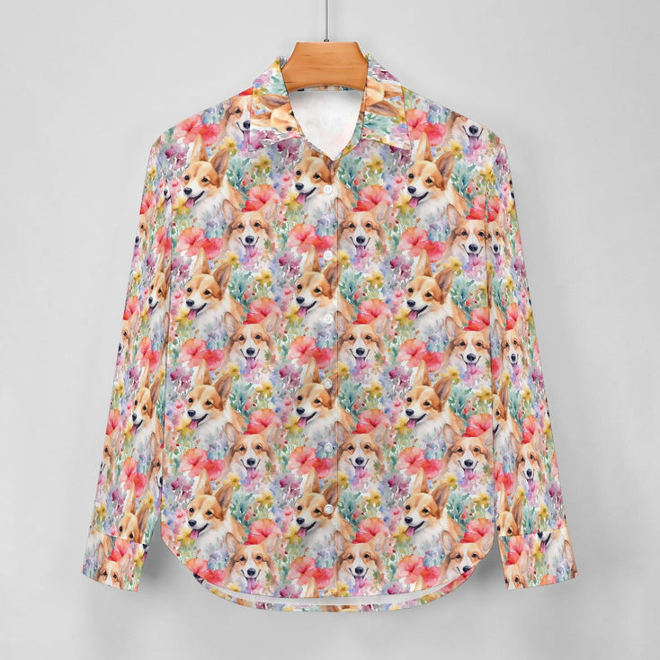 Blooming Florals and Playful Corgis Women's Shirt-5