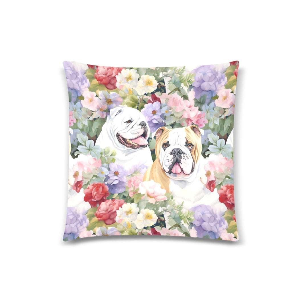 Blossom Buddies English Bulldogs Throw Pillow Covers-Cushion Cover-English Bulldog, Home Decor, Pillows-One Pair-1
