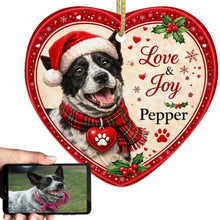 Load image into Gallery viewer, Blue Heeler Christmas Ornament - Love &amp; Joy Heart Shaped Portrait - Personalize with Photo and Name-Christmas Ornament-Blue Heeler,Christmas,Christmas Ornament,Personalize Artwork-1