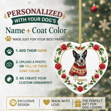 Load image into Gallery viewer, Blue Heeler Ornament - Personalized Heart Shaped Christmas Rose Border - with Name-Christmas Ornament-Blue Heeler,Christmas,Christmas Ornament,Personalize Artwork-2