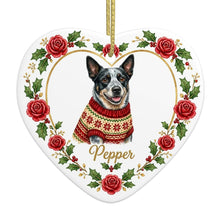 Load image into Gallery viewer, Blue Heeler Ornament - Personalized Heart Shaped Christmas Rose Border - with Name-Christmas Ornament-Blue Heeler,Christmas,Christmas Ornament,Personalize Artwork-4
