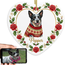 Load image into Gallery viewer, Blue Heeler Ornament - Personalized Heart Shaped Christmas Rose Border - with Name-Christmas Ornament-Blue Heeler,Christmas,Christmas Ornament,Personalize Artwork-1