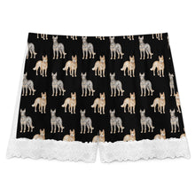 Load image into Gallery viewer, Blue Heeler Shorts for Women - Lace Trim Design - Watercolor Elegance Australian Blue Heeler-Pajamas-Apparel,Blue Heeler,Dog Mom Gifts,Pajamas-10
