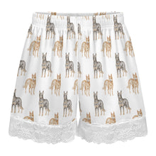 Load image into Gallery viewer, Blue Heeler Shorts for Women - Lace Trim Design - Watercolor Elegance Australian Blue Heeler-Pajamas-Apparel,Blue Heeler,Dog Mom Gifts,Pajamas-21