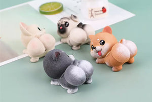 Back image of four smiling dog bobbleheads in the the cutest bobble-butt design including Frenchie, Shiba Inu, Pug, and Husky boblehead