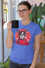 Load image into Gallery viewer, Boston Terrier and Coffee Love Women&#39;s Cotton T-Shirts - 5 Colors-Apparel-Apparel, Boston Terrier, Shirt, T Shirt-Blue-Small-3