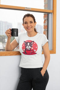 Boston Terrier and Coffee Love Women's Cotton T-Shirts - 5 Colors-Apparel-Apparel, Boston Terrier, Shirt, T Shirt-White-Small-1