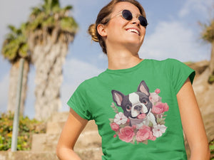 Boston Terrier and Flowers Love Women's Cotton T-Shirts - 5 Colors-Apparel-Apparel, Boston Terrier, Shirt, T Shirt-Green-Small-4