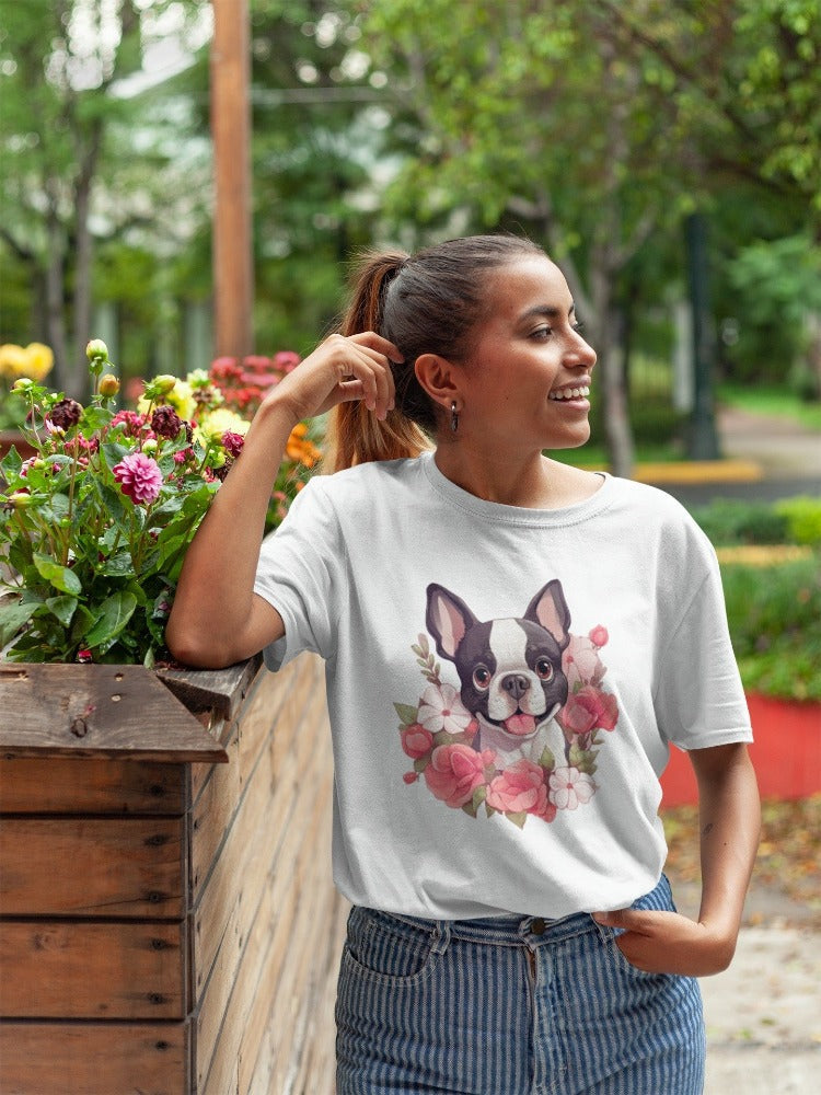 Boston Terrier and Flowers Love Women's Cotton T-Shirts - 5 Colors-Apparel-Apparel, Boston Terrier, Shirt, T Shirt-White-Small-1
