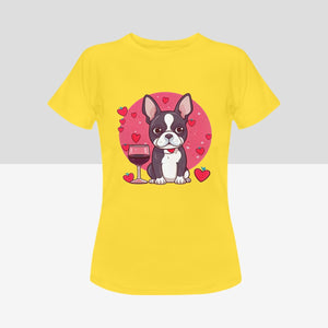 Boston Terrier and Wine Love Women's Cotton T-Shirts - 4 Colors-Apparel-Apparel, Boston Terrier, Shirt, T Shirt-Yellow-Small-7