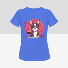 Load image into Gallery viewer, Boston Terrier and Wine Love Women&#39;s Cotton T-Shirts - 4 Colors-Apparel-Apparel, Boston Terrier, Shirt, T Shirt-Blue-Small-8