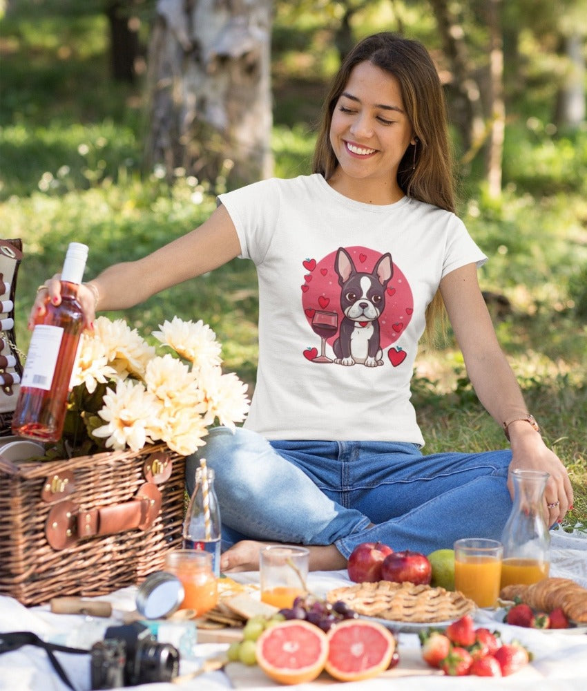 Boston Terrier and Wine Love Women's Cotton T-Shirts - 4 Colors-Apparel-Apparel, Boston Terrier, Shirt, T Shirt-White-Small-1