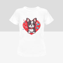Load image into Gallery viewer, Boston Terrier Boy and Girl Love Women&#39;s Cotton T-Shirts - 2 Designs - 5 Colors-Apparel-Apparel, Boston Terrier, Shirt, T Shirt-Boston Terrier Boy-White-Small-10