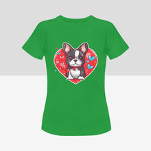 Load image into Gallery viewer, Boston Terrier Boy and Girl Love Women&#39;s Cotton T-Shirts - 2 Designs - 5 Colors-Apparel-Apparel, Boston Terrier, Shirt, T Shirt-Boston Terrier Boy-Green-Small-12