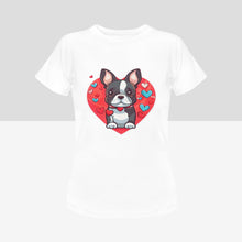 Load image into Gallery viewer, Boston Terrier Boy and Girl Love Women&#39;s Cotton T-Shirts - 2 Designs - 5 Colors-Apparel-Apparel, Boston Terrier, Shirt, T Shirt-Boston Terrier Girl-White-Small-5
