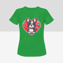 Load image into Gallery viewer, Boston Terrier Boy and Girl Love Women&#39;s Cotton T-Shirts - 2 Designs - 5 Colors-Apparel-Apparel, Boston Terrier, Shirt, T Shirt-Boston Terrier Girl-Green-Small-7