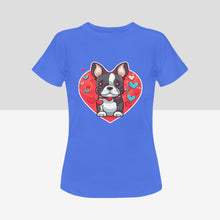 Load image into Gallery viewer, Boston Terrier Boy and Girl Love Women&#39;s Cotton T-Shirts - 2 Designs - 5 Colors-Apparel-Apparel, Boston Terrier, Shirt, T Shirt-Boston Terrier Girl-Blue-Small-8