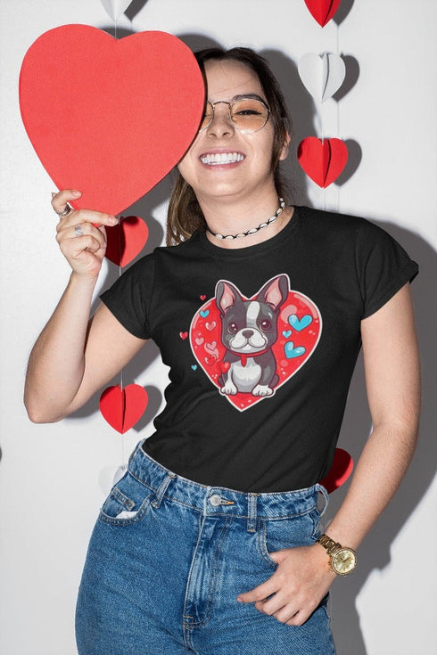 Boston Terrier Boy and Girl Love Women's Cotton T-Shirts - 2 Designs - 5 Colors-Apparel-Apparel, Boston Terrier, Shirt, T Shirt-Boston Terrier Girl-Black-Small-1
