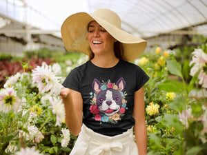 Boston Terrier in Bloom Women's Cotton T-Shirts - 4 Colors-Apparel-Apparel, Boston Terrier, Shirt, T Shirt-Black-Small-2