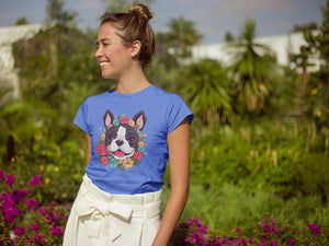 Boston Terrier in Bloom Women's Cotton T-Shirts - 4 Colors-Apparel-Apparel, Boston Terrier, Shirt, T Shirt-Blue-Small-4