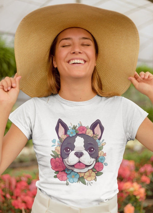 Boston Terrier in Bloom Women's Cotton T-Shirts - 4 Colors-Apparel-Apparel, Boston Terrier, Shirt, T Shirt-White-Small-1