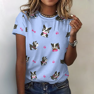 Boston Terrier Love All Over Print Women's Cotton T-Shirt - 4 Colors-Apparel-Apparel, Boston Terrier, Shirt, T Shirt-2XS-LightSteelBlue-1