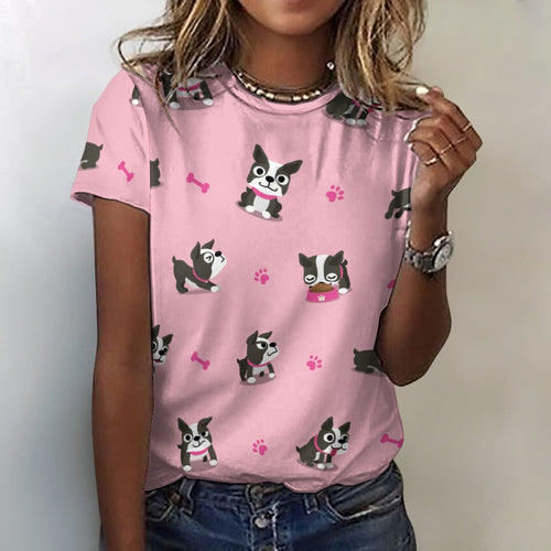 Boston Terrier Love All Over Print Women's Cotton T-Shirt - 4 Colors-Apparel-Apparel, Boston Terrier, Shirt, T Shirt-2XS-Pink-18