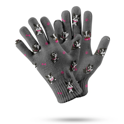 Boston Terrier Love Touch Screen Gloves - 4 Colors-Accessories-Accessories, Boston Terrier, Dog Dad Gifts, Dog Mom Gifts, Gloves-Gray-Pink Highlights-1