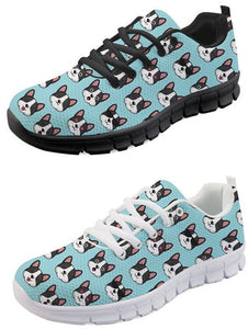 Image of two Boston Terrier sneakers in blue with black shoes and blue with white shoes Boston Terrier design