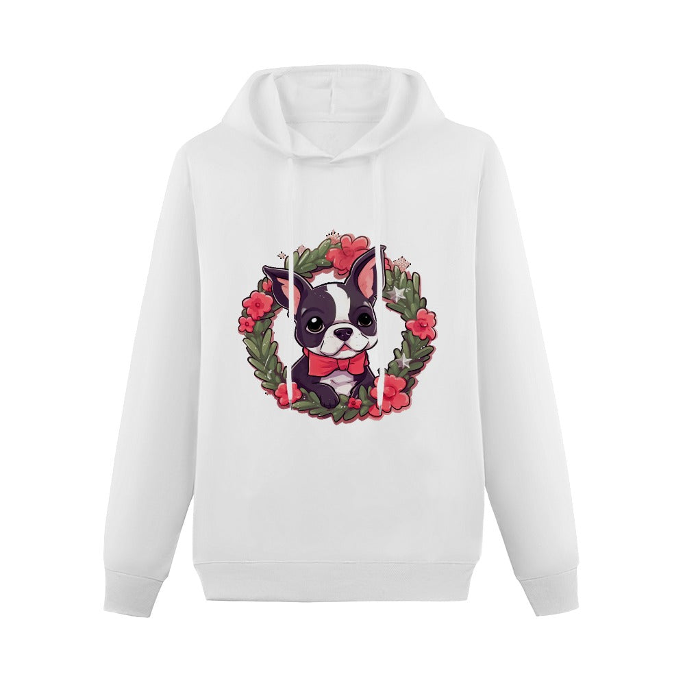 Boston Terrier Pink Flowers Christmas Women's Cotton Fleece Hoodie Sweatshirt-Apparel-Apparel, Boston Terrier, Christmas, Hoodie, Sweatshirt-White-XS-2