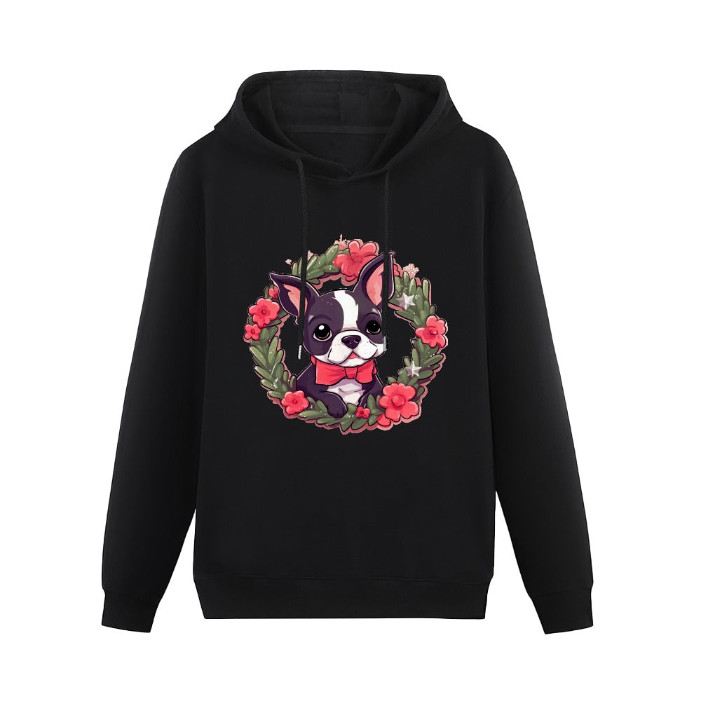 Boston Terrier Pink Flowers Christmas Women's Cotton Fleece Hoodie Sweatshirt-Apparel-Apparel, Boston Terrier, Christmas, Hoodie, Sweatshirt-Black-XS-3