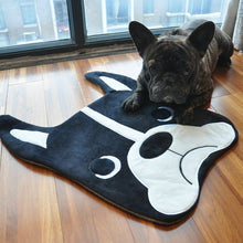 Load image into Gallery viewer, Image of a dog sitting on a Boston Terrier floor rug lying on the floor, shaped like cute Boston Terrier face