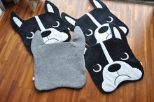 Load image into Gallery viewer, Image of four Boston Terrier floor rugs and mats lying on the floor, shaped like cute Boston Terrier faces