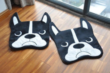 Load image into Gallery viewer, Image of two Boston Terrier floor rugs mats lying on the floor, shaped like cute Boston Terrier faces
