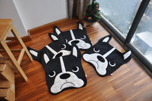 Load image into Gallery viewer, Image of four Boston Terrier floor rugs mats lying on the floor, shaped like cute Boston Terrier faces
