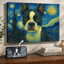 Load image into Gallery viewer, Photo of starry night inspired Boston Terrier wall art