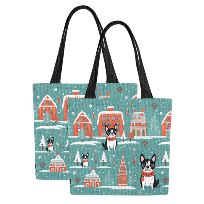 Boston Terrier Winter Wonderland Large Canvas Tote Bags-4