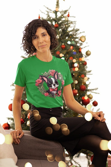 Boston Terrier with Pink Flowers Christmas Wreath Women's Cotton T-Shirt-Apparel-Apparel, Boston Terrier, Shirt, T Shirt-Green-Small-2