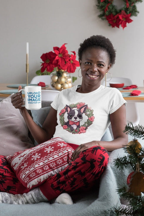 Boston Terrier with Pink Flowers Christmas Wreath Women's Cotton T-Shirt-Apparel-Apparel, Boston Terrier, Shirt, T Shirt-White-Small-3