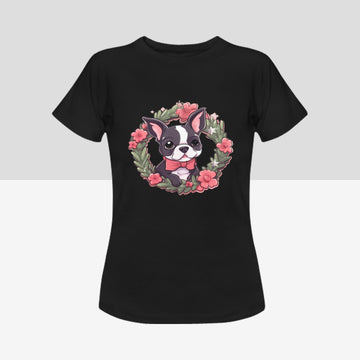 Boston Terrier with Pink Flowers Christmas Wreath Women's Cotton T-Shirt-Apparel-Apparel, Boston Terrier, Shirt, T Shirt-Black-Small-4