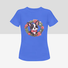 Load image into Gallery viewer, Boston Terrier with Pink Flowers Christmas Wreath Women&#39;s Cotton T-Shirt-Apparel-Apparel, Boston Terrier, Shirt, T Shirt-Blue-Small-5