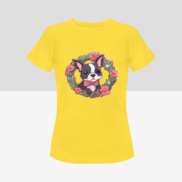Boston Terrier with Pink Flowers Christmas Wreath Women's Cotton T-Shirt-Apparel-Apparel, Boston Terrier, Shirt, T Shirt-6