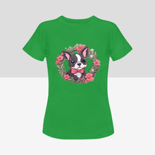 Load image into Gallery viewer, Boston Terrier with Pink Flowers Christmas Wreath Women&#39;s Cotton T-Shirt-Apparel-Apparel, Boston Terrier, Shirt, T Shirt-7