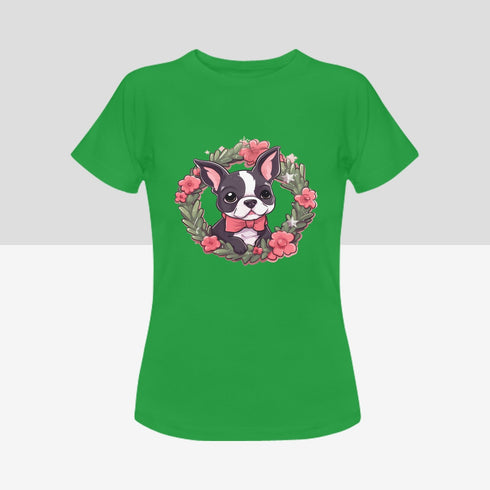Boston Terrier with Pink Flowers Christmas Wreath Women's Cotton T-Shirt-Apparel-Apparel, Boston Terrier, Shirt, T Shirt-7